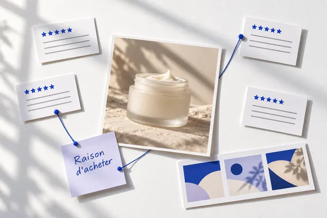 Des avis épinglés autour d'un pot de crème, reliés à une note « Raison d'acheter »